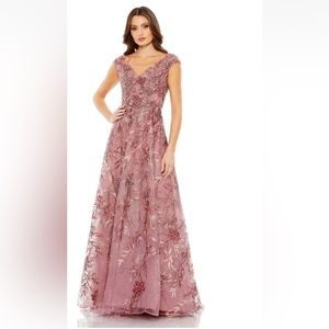 Anthropologie Mac Duggal Embroidered Illusion Cap Sleeve A Line Gown Floral